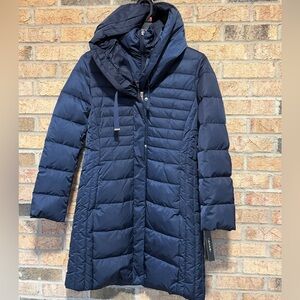 Tahari Navy Quilted Long Puffer Coat